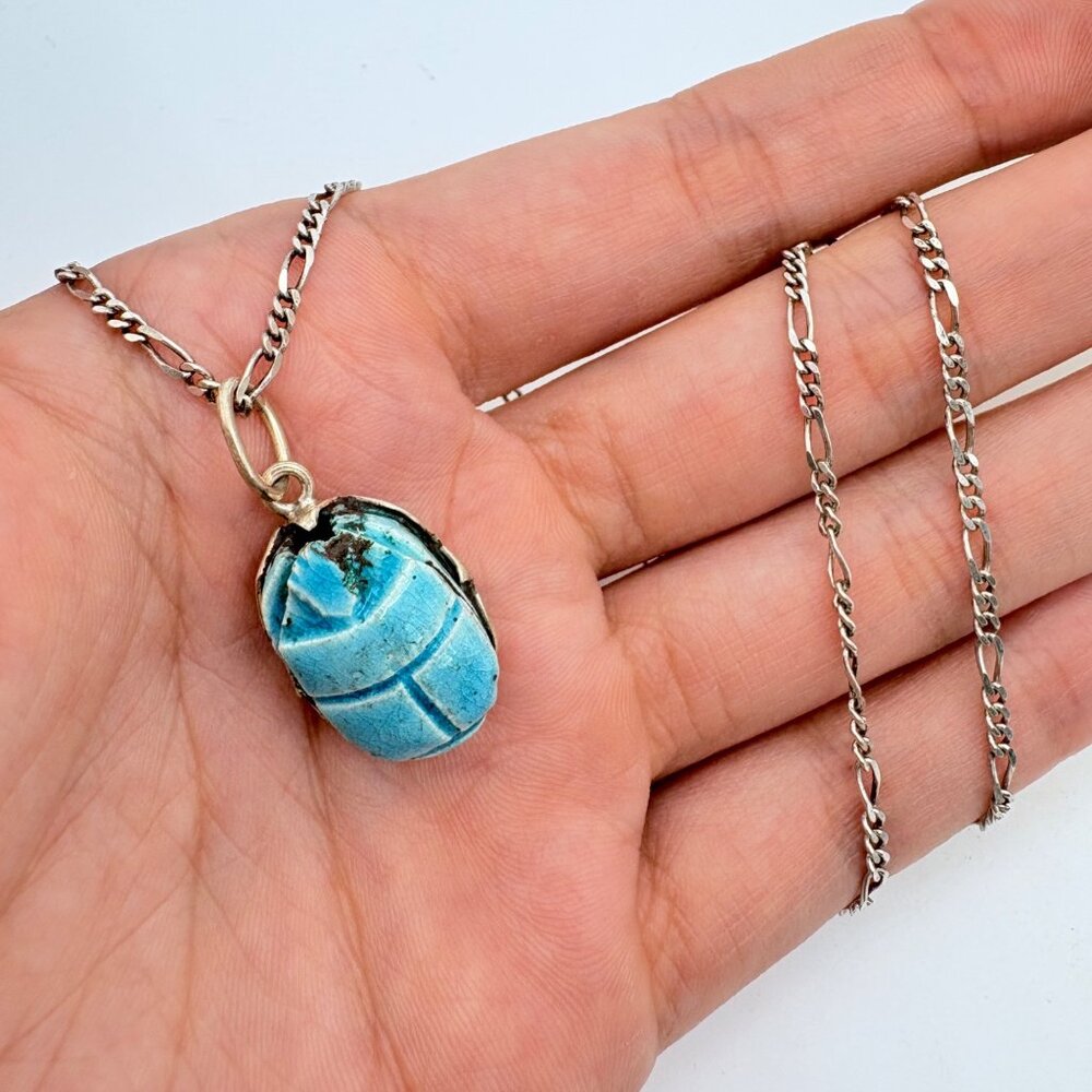 Turquoise Carved Scarab Pendant Necklace Sterling Silver 925 Size 15.5" Length - Picture 6 of 16